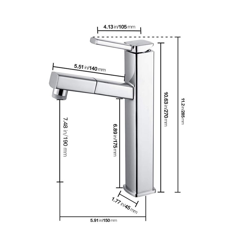 KAIYING Pull Down Bathroom Sink Faucet, Modern Lavatory Vessel Sink Faucet, Utility Single Hole Bathroom Sink Faucet with Pull Out Sprayer, Commercial Basin Mixer Tap (Tall, Black) - Image 5